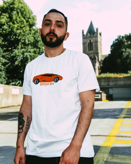 GREEDY BOY T-Shirt with an orange Lamborghini – statement streetwear