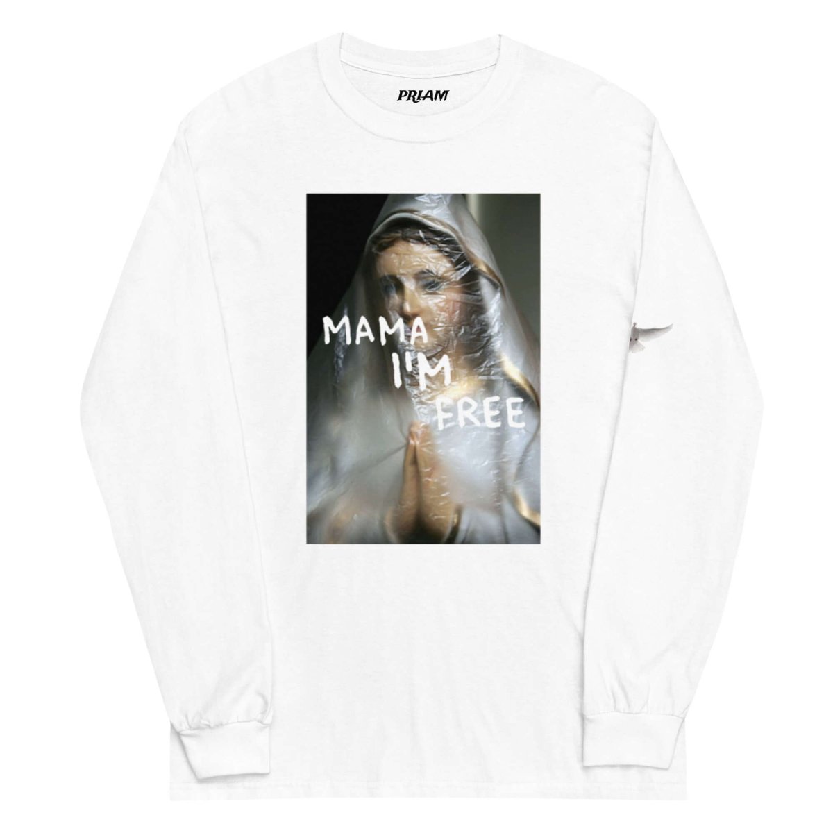 MAMA I’M FREE spiritual freedom graphic long sleeve featuring a praying nun with "MAMA I’M FREE" painted in white, symbolizing liberation