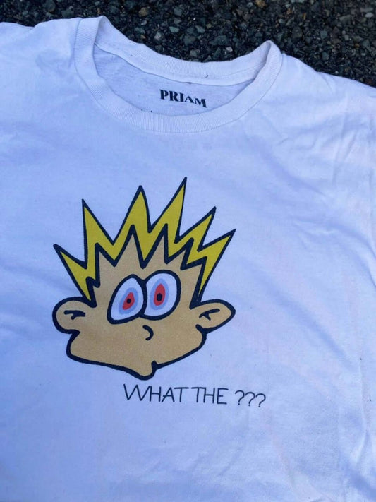 STUNNED BOY surprised face graphic tee featuring a shocked kid’s face with yellow spiked hair and 'What the???' inscription – PRIAM streetwear.