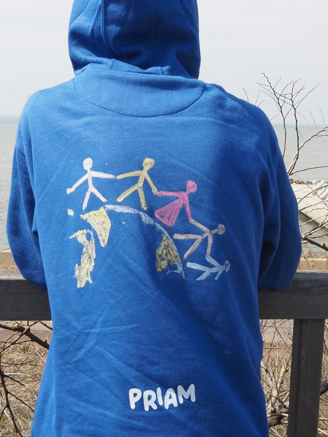 Blue hoodie with a colorful design on the back, featuring the word 'PRIAM'.