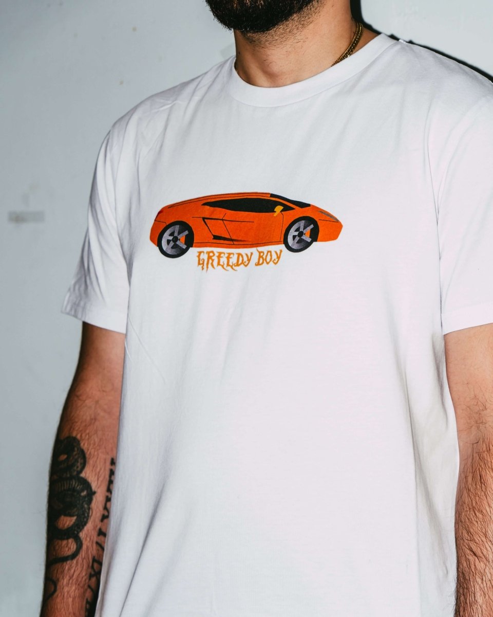 GREEDY BOY t-shirt worn by model