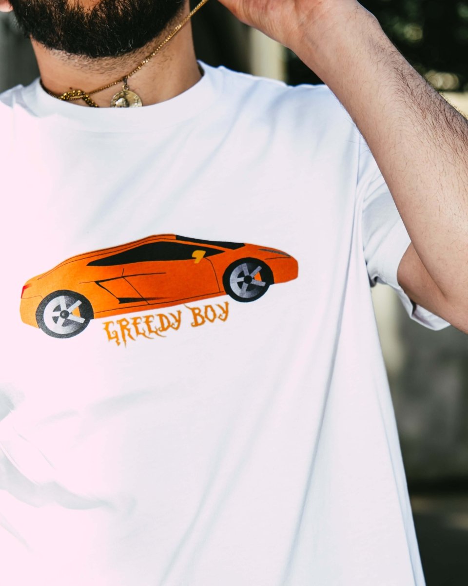 GREEDY BOY t-shirt with graphic design referencing material desire