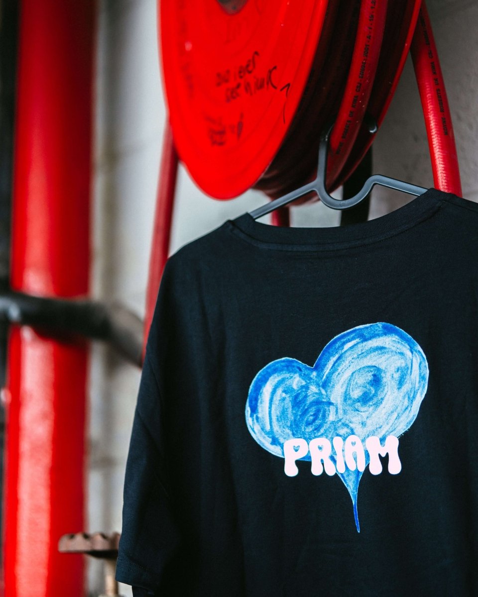 LOVER t-shirt back with PRIAM logo and blue heart graphic