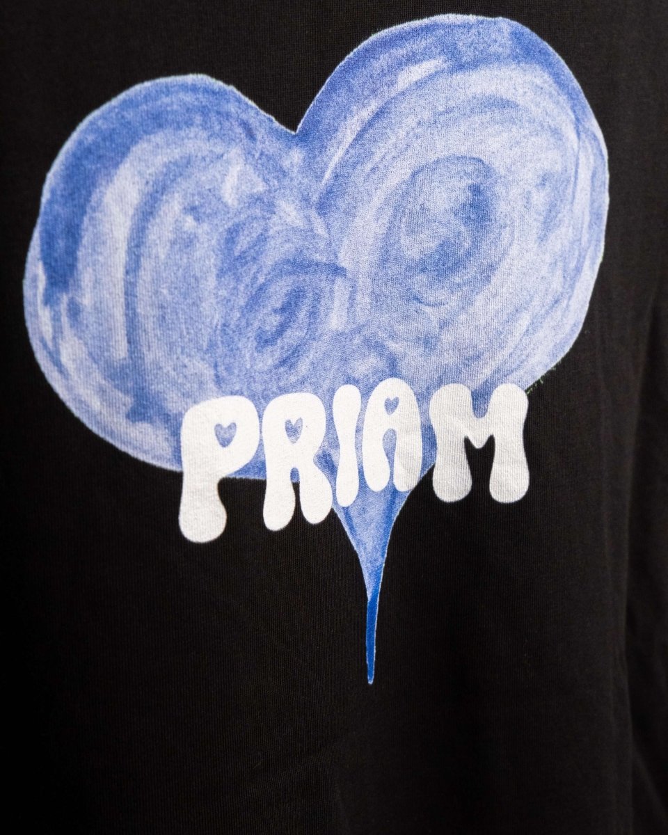 LOVER t-shirt back with PRIAM logo and blue heart graphic