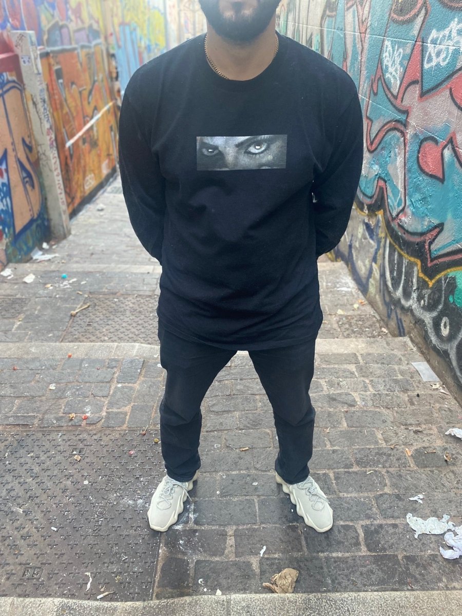 Model wearing PRIAM PARANOID long sleeve t-shirt streetwear design